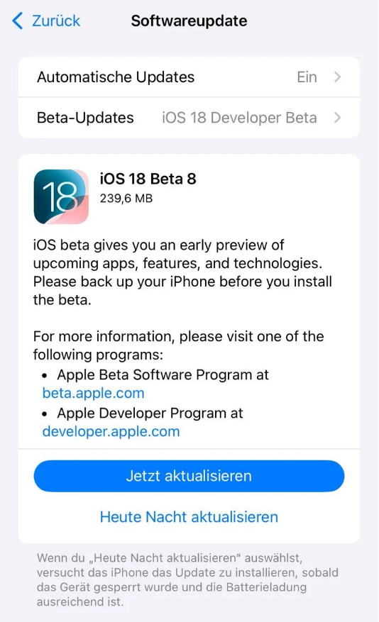 市北苹果手机维修分享苹果 iOS / iPadOS 18 开发者预览版 Beta 8 发布 